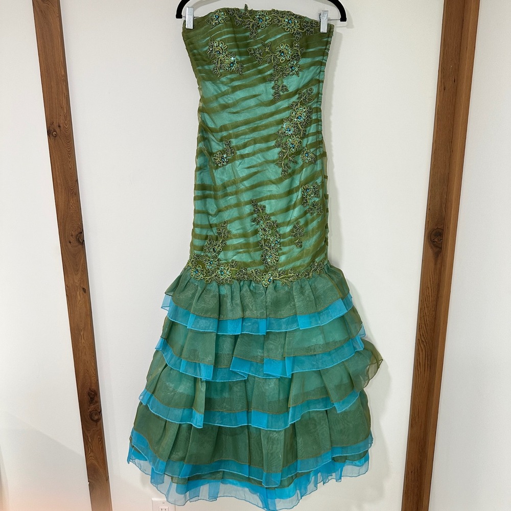 Party Time Women Gown Mermaid Beaded Organza Ruffle Tiered Formal Dress 2 Y2K